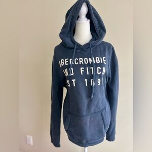 Abercrombie and Fitch Navy Blue and White Pullover Hoodie Medium